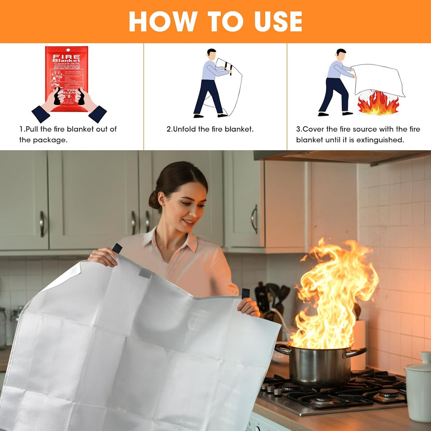 1 couverture anti-feu de 1 m x 1 m, couverture anti-incendie d'urgence pour cuisine à dépliage rapide en fibre de verre ignifuge, avec crochets, couverture anti-incendie très résistante pour la maison E-Plaza store