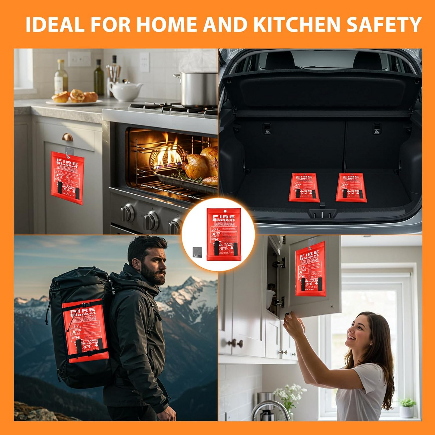 1 couverture anti-feu de 1 m x 1 m, couverture anti-incendie d'urgence pour cuisine à dépliage rapide en fibre de verre ignifuge, avec crochets, couverture anti-incendie très résistante pour la maison E-Plaza store